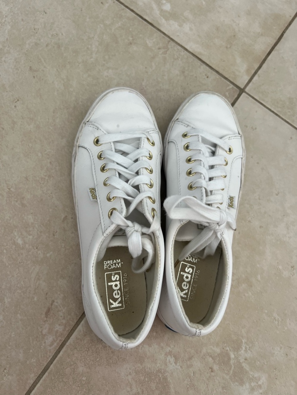 Keds White Leather Sneakers with Gold Eyelets